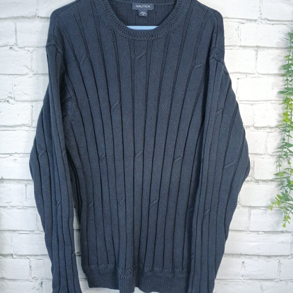MENS NAUTICA CREW NECK THICK COTTON NAVY PULLOVER SWEATER, VERY NICE, SIZE MED
